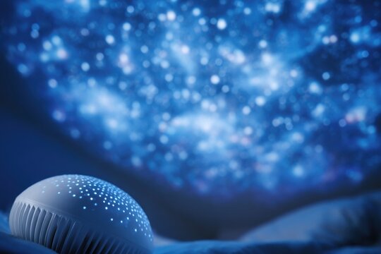Starry sky projector casting a vibrant blue starry night scene onto a soft bedspread, creating a calming atmosphere in a cozy bedroom setting