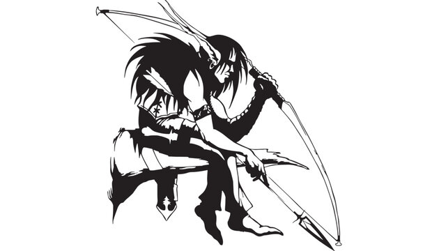 Hunting archer silhouette vector with bow and arrow, dramatic black and white line art for fantasy game design featuring graphic, medieval, warrior