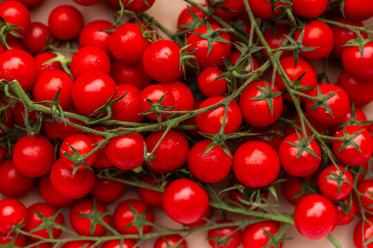 Cherry truss tomato fruit on brown cardboard box