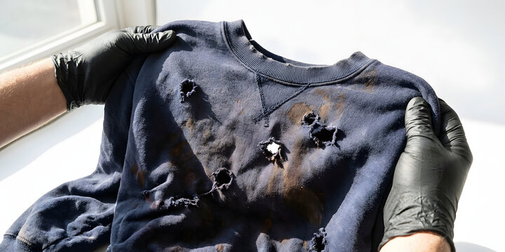 Forensic investigator examining a blood-stained sweatshirt with multiple bullet holes as crime scene evidence.