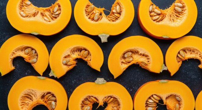 Overhead view of fresh orange pumpkin slices with seeds arranged in neat rows on a dark textured background. High angle shot of autumnal harvest vegetables in a flat lay pattern.