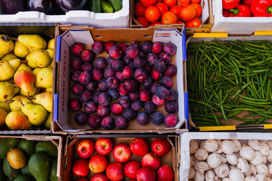 Colourful fresh organic fruit and veg straight from farmers in boxes delivered to hub