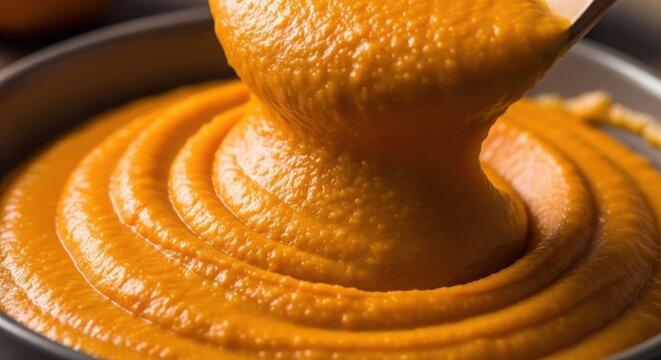 Macro close-up of thick, vibrant orange pumpkin puree being swirled in a ceramic bowl, showing the smooth vegetable mash texture for autumn recipes and seasonal holiday cooking.