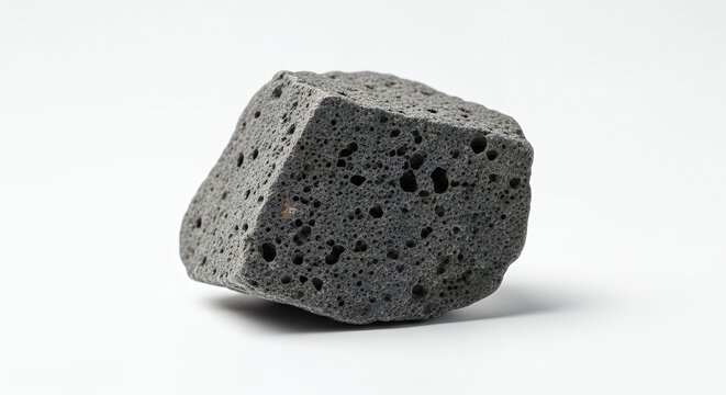 Close-up of a dark gray porous volcanic rock, isolated on a clean white background, showcasing its unique texture and natural formation.