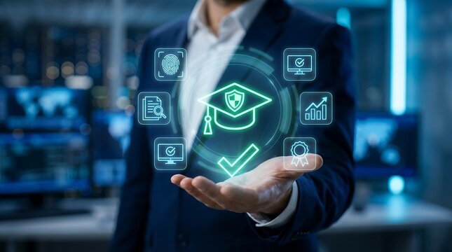 Business professional holding glowing holographic academic graduation cap icon surrounded by digital certification and verification symbols in high tech office environment