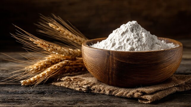 A rustic wooden bowl filled with white flour sits beside golden wheat ears on a dark, textured background.