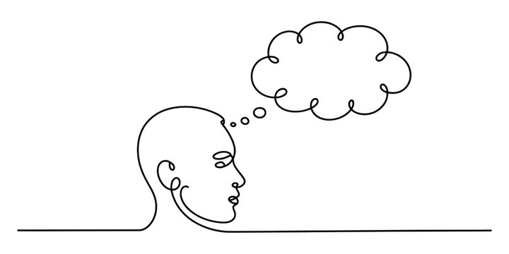 Continuous line drawing of a man thinking with a bubble