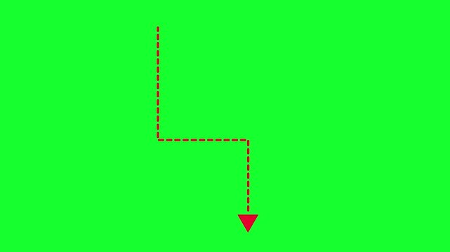 Down arrow direction icon with dotted line animation. on Black background . dot arrows icon sign animated with alpha channel. white straight arrows animation. Reveal animation of solid, dashed.4k vide