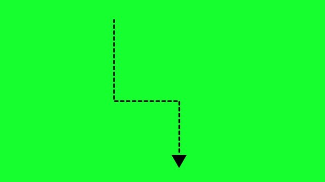 Down arrow direction icon with dotted line animation. on Black background . dot arrows icon sign animated with alpha channel. white straight arrows animation. Reveal animation of solid, dashed.4k vide