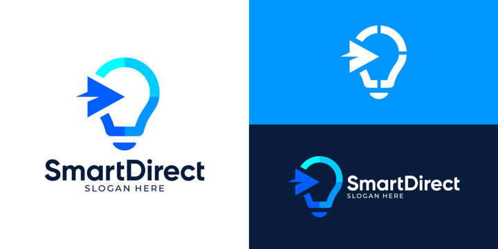 Creative modern smart direct logo template. Light bulb with arrow symbol logo design vector illustration.