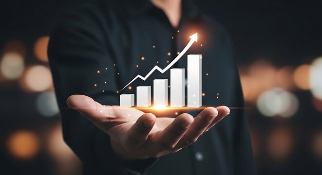Man in black shirt holding hand with white 3 D bar graph and upward arrow