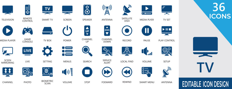 Vector icons featuring smart TV, television, movie, streaming , remote control, internet,  and digital broadcasting for web and mobile applications.