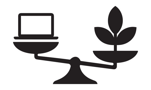 Balance scale comparing laptop and plant silhouette with weighing comparison technology illustration business decision strategy environment
