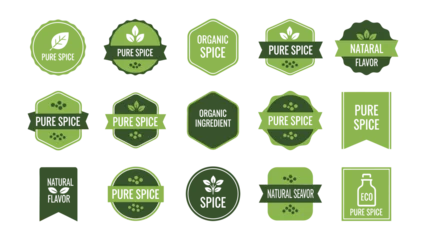 Collection of Organic Spice Badges: A visually appealing array of organic spice badges and logos, perfect for conveying natural, fresh, and high-quality products. © Maira
