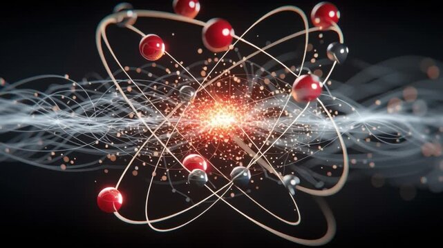 3D visualization of an atom with red electrons orbiting a glowing nucleus surrounded by energy waves on a dark background