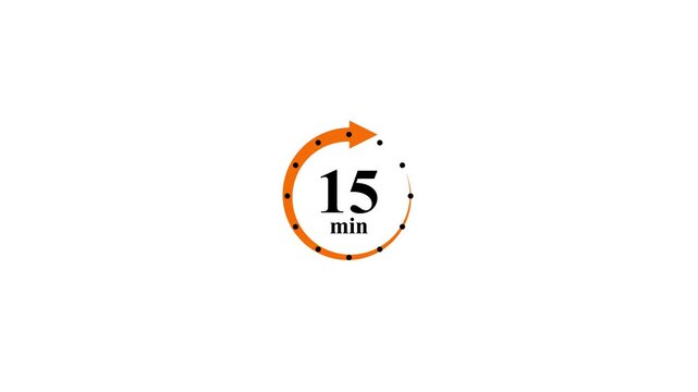 Orange circular arrow with '15 min' text in the center on white background.Minute countdown timer icon time progress. Animated minute timer indicator for duration tracking and time control.