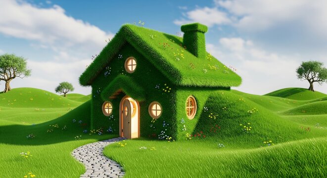 Small hobbit house with round door in green grassy hill under cloudy sky