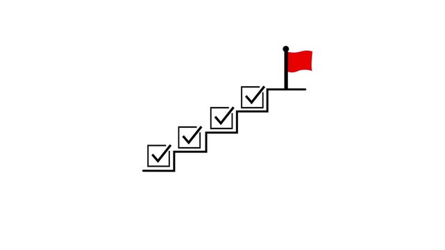 Progress checklist steps animation with upward direction. Task completion checklist flow showing goal flag. Success progress path and achievement indicator motion. Goal with task complete