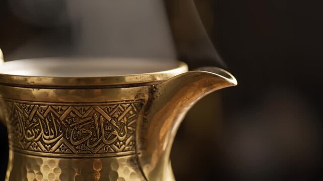 Closeup of steaming traditional Arabic coffee pot with intricate engravings.