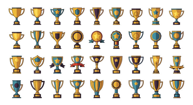 Collection of various gold and silver trophy cups for champions.
