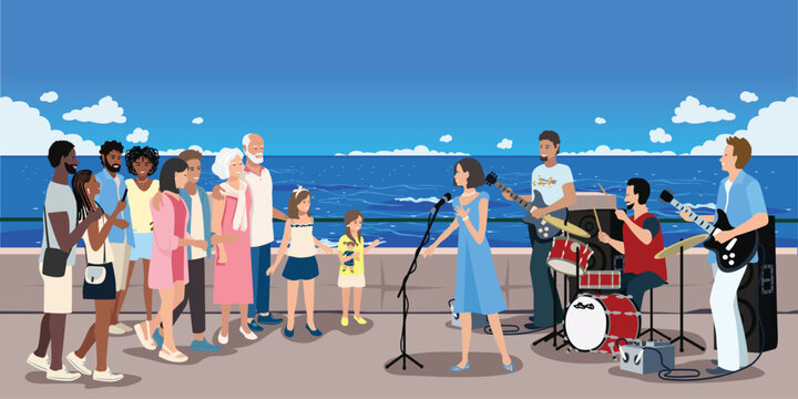A group of passersby listen to street musicians performing on the embankment. Musical art. Hand-drawn vector illustration.