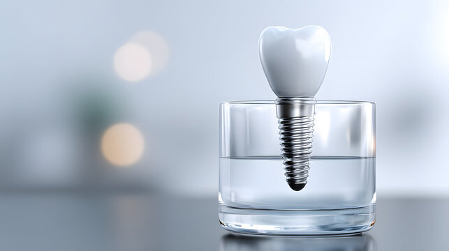 A single tooth implant in a glass of water on a reflective surface.