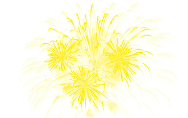 Obraz premium Vibrant yellow fireworks explosion on white background, bright golden pyrotechnic display, festive firework bursts for celebration and holiday design