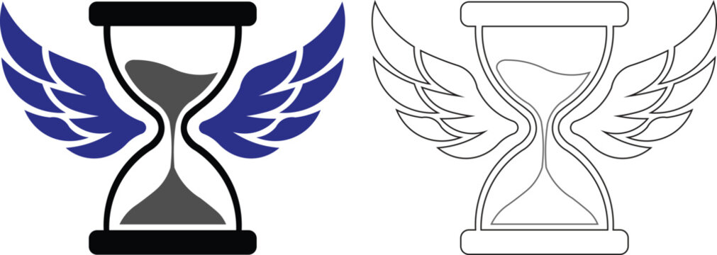 Winged Hourglass Icon Set | Time Management, Deadline and Urgency Symbols in Solid Color and Outline Styles for Productivity and Business Design