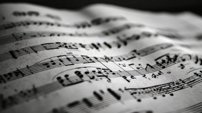 Musical notes on sheet music with clear details of composition in a dimly lit space during the evening