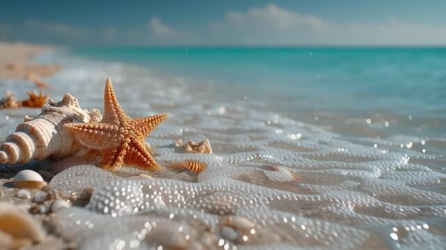 Starfish and seashells on a sandy beach with ocean waves gently rolling in under a clear sky.