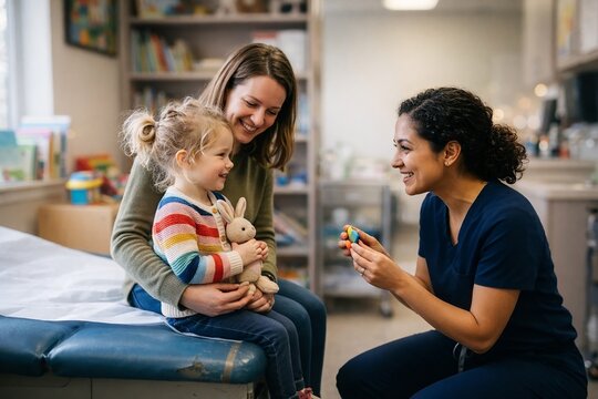 Female pediatrician interacting with a young girl sitting on exam table