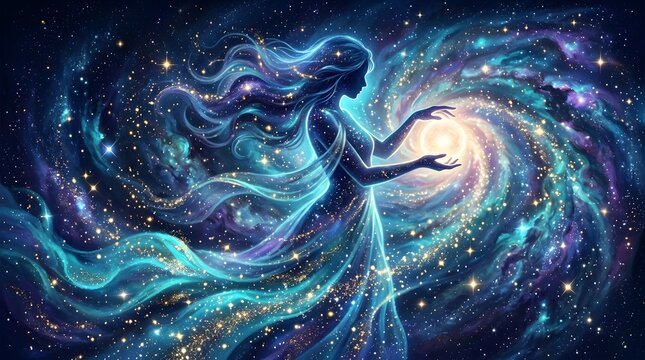 Cosmic dancer, swirling galaxy, starry night, celestial art