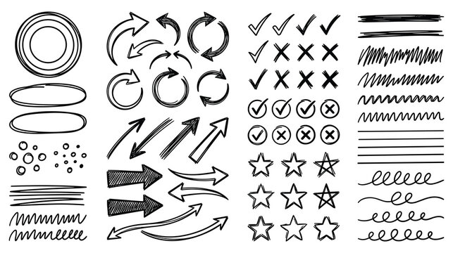 Hand drawn doodle set with arrows and check marks and circles and brush strokes.
