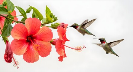 Obraz premium Two Hummingbirds Hovering and Drinking Nectar From a Bright Red Hibiscus Flower