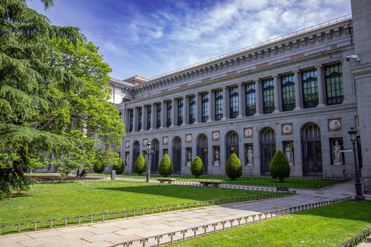 Facade of the Prado National Museum in Madrid, Spain, in midday light