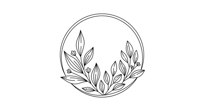 Elegant Floral Circle Frame, Botanical Line Art, Hand-Drawn Leaves and Flowers