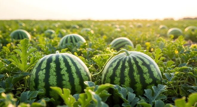 Watermelon Patch Field Ready For Harvest in a Summer Garden Under Warm Light