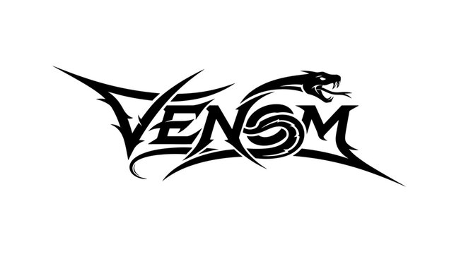 Venom logo with a stylized snake head black and white graphic design.