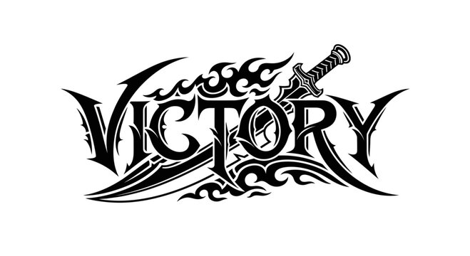 Victory word art with sword and tribal design.
