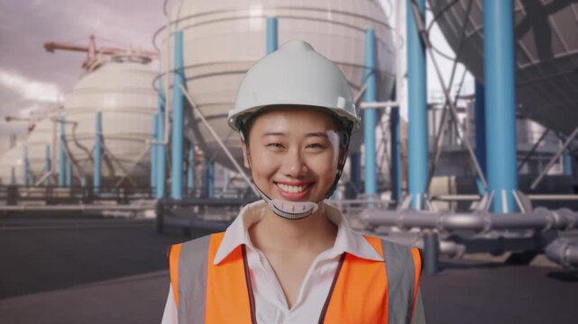 Front View of Asian Female Engineer Looking At Blueprint In His Hands While Walking With Spherical Propane Tanks with Fuel Gas Pipelines