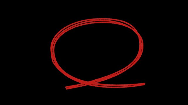 Hand-drawn red  oval frame circle animation with rough sketch lines forming dynamic looping highlight on dark background. 4k video animation.
