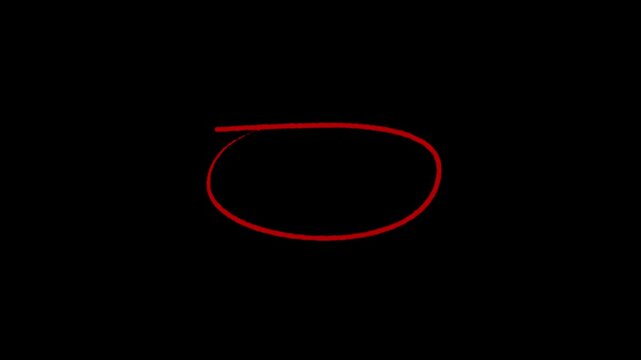 Hand-drawn red  oval frame circle animation with rough sketch lines forming dynamic looping highlight on dark background. 4k video animation.