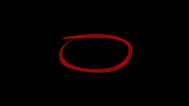 Hand-drawn red  oval frame circle animation with rough sketch lines forming dynamic looping highlight on dark background. 4k video animation.