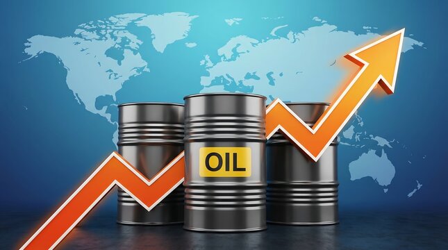 Oil barrels with orange rising arrow graph on world map background illustrating energy commodity market trends