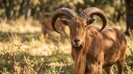 Fototapeta premium Majestic Markhor Goat with Large Curved Horns Grazing in Wild Mountain Meadow at Golden Hour