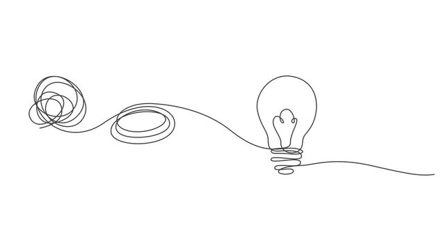 light bulb on white background,chaotic to simplicity and lightbulb animation, Chaos and mess circle continuous line drawn animation.