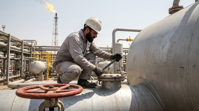 Oil refinery technician wearing protective hard hat and work uniform performing maintenance on large metal pipeline valve in industrial facility with flare stack in background
