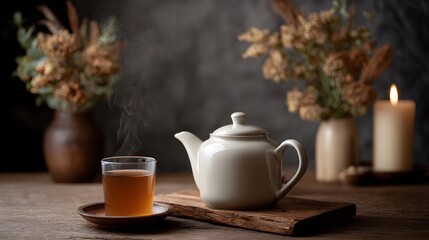 Fototapeta premium A cozy rustic still life featuring a steaming cup of hot brew an elegant teapot and surrounding dried autumn foliage