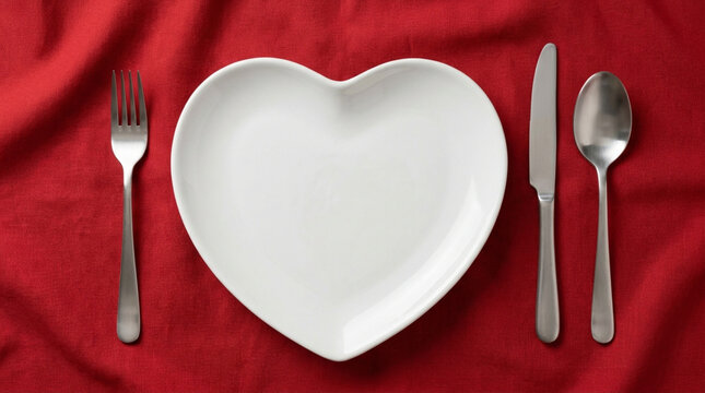Romantic dinner setting with a heart shaped plate on a red tablecloth
