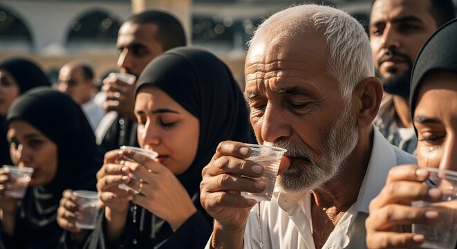 Muslim pilgrims drinking zamzam water from plastic cups during religious visit to holy site.